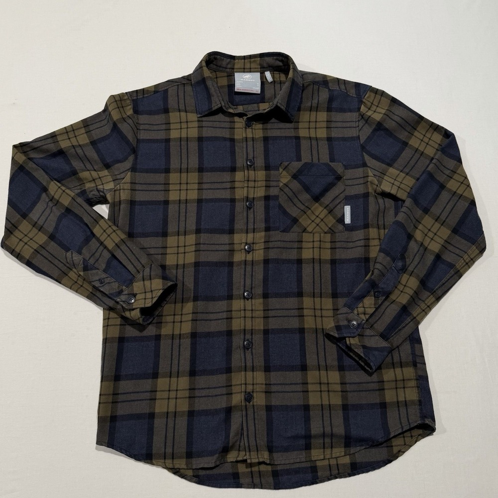 Mammut Mens M Medium Plaid Flannel Long Sleeve Shirt Olive Green Navy Hiking